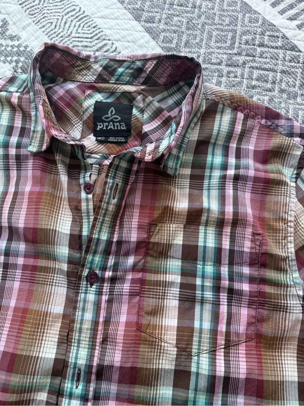 Prana Men’s Plaid Button-Down Shirt in Brown, Pink & Teal